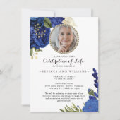 Invitation Photo Blue Floral Budget Célébration de la vie (Devant)