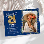 Invitation Photo Blue Gold 21st Birthday<br><div class="desc">Élégante invitation de fête de vingt et unième anniversaire avec un arrière - plan bleu tendance qui peut être changée à n'importe quelle couleur, une photo de la fille / garçon d'anniversaire, parties scintillant brillante or, vingt un ballons d'hélium or, et un modèle de texte de célébration de 21e anniversaire...</div>