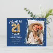Invitation Photo Blue Gold 21st Birthday (Debout devant)
