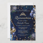 Invitation Photo Blue Gold Floral Agate Quinceanera (Devant)
