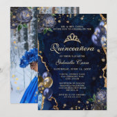Invitation Photo Blue Gold Floral Agate Quinceanera (Devant / Derrière)