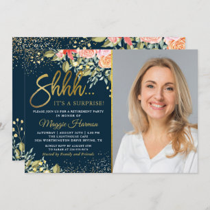 Invitation Photo Blue Gold Floral Surprise Retraite Party
