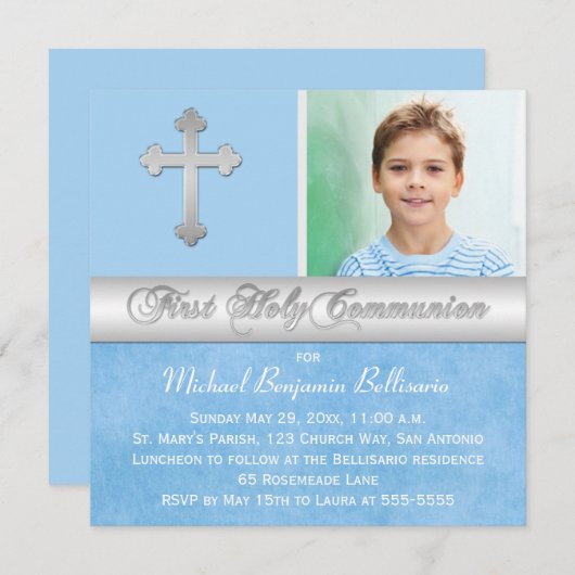 Invitation photo Blue Silver First Holy Communion (Devant / Derrière)
