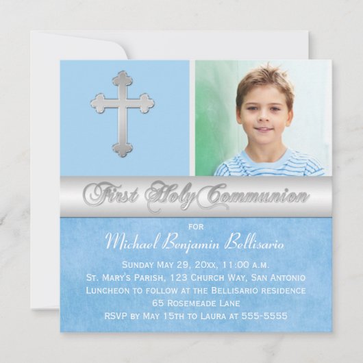 Invitation photo Blue Silver First Holy Communion (Devant)