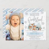 Invitation Photo Blue Silver Woodland Onederland 1er annivers (Devant / Derrière)