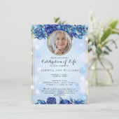 Invitation Photo Blue Sparkly Floral Gold Celebration of Life (Debout devant)