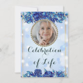 Invitation Photo Blue Sparkly Floral Gold Celebration of Life (Dos)