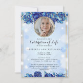 Invitation Photo Blue Sparkly Floral Gold Celebration of Life (Devant)