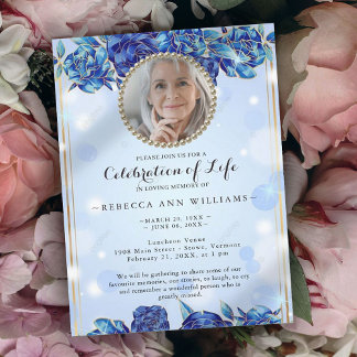Invitation Photo Blue Sparkly Floral Gold Celebration of Life