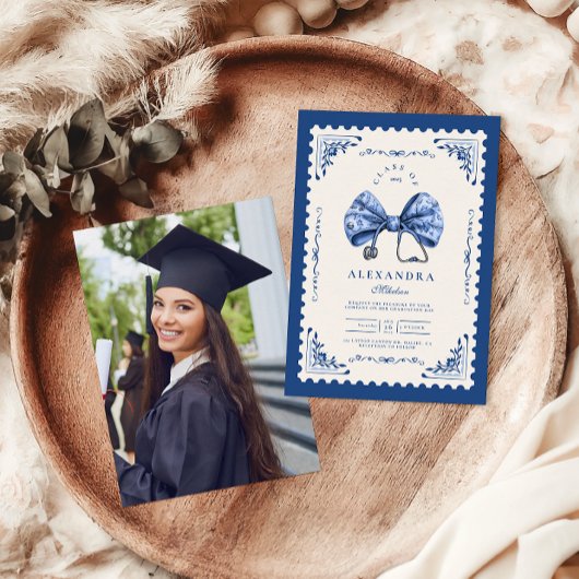 Invitation Photo Blue Toile Bow Nursing School Graduate