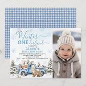Invitation Photo Blue Truck Winter Onederland 1st Birthday (Devant / Derrière)