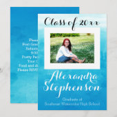 Invitation Photo Blue Watercolor Lycée Graduation/fête (Devant / Derrière)