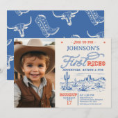 Invitation Photo Blue Western Desert Rodeo 1er anniversaire (Devant / Derrière)