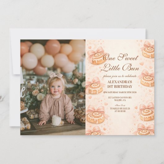 Invitation Photo Blush Cinnamon Bow Little Bun 1st Birthday (Devant)