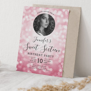 Invitation PHOTO Blush Rose Bokeh Lights Sweet 16 Party