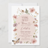 Invitation Photo Blush Wildflower Young Wild Three Birthday  (Devant)