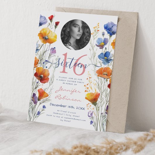 Invitation PHOTO Boho Aquarelle Fleur sauvage Sweet 16 Party
