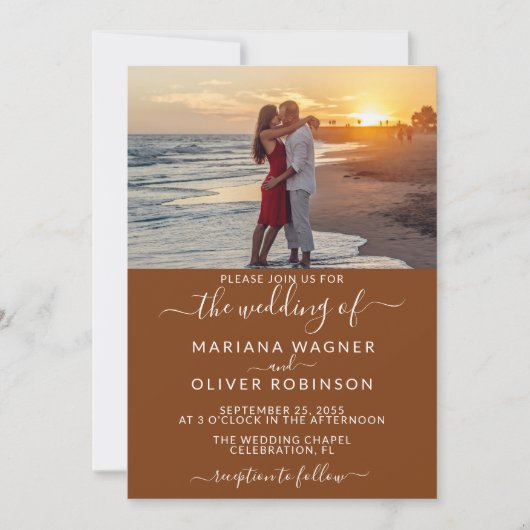 Invitation Photo Boho Brown Elegant Script Mariage (Devant)