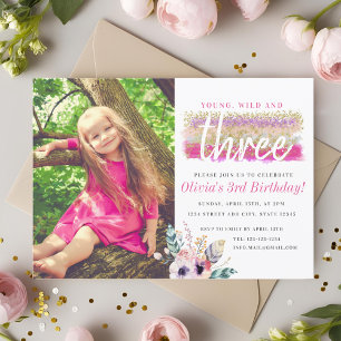 Invitation Photo Boho Floral Young Wild et Trois Anniversaire