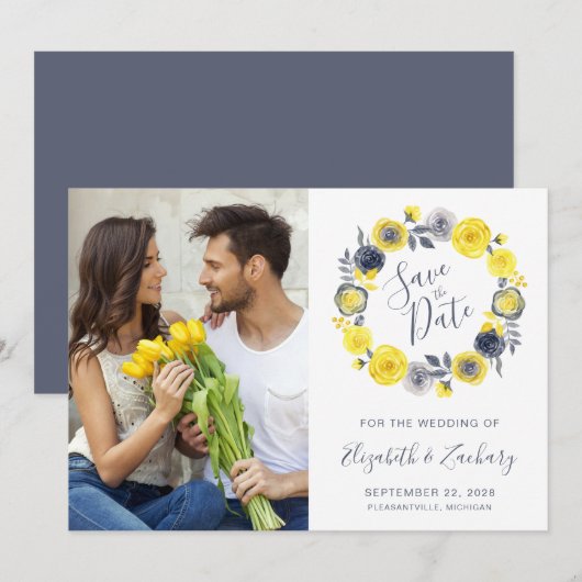 Invitation Photo Boho Gris Jaune Gris Floral Wreath Enregistr (Devant / Derrière)