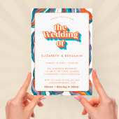 Invitation Photo Boho Groovy Rétro Bleu Code QR Ondulé Mariag