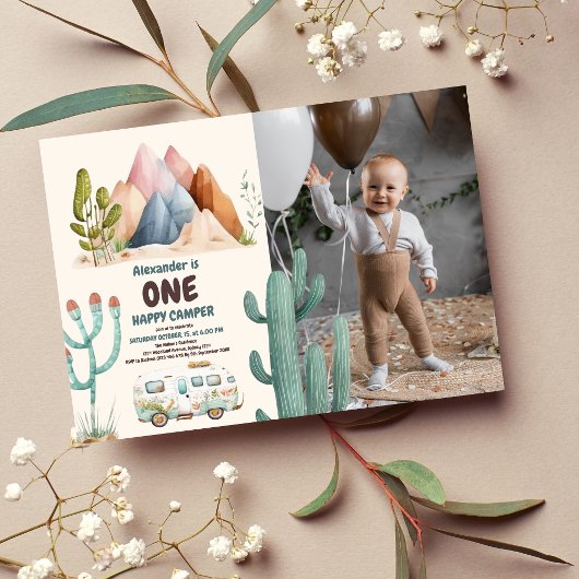 Invitation Photo Boho One Happy Camper 1st Birthday Party