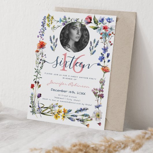 Invitation PHOTO Boho Pressé Fleur sauvage doux 16 Anniversai