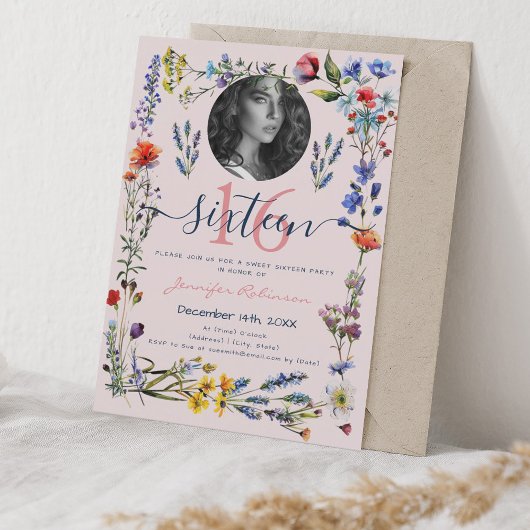 Invitation PHOTO Boho Pressé Fleur sauvage Sweet 16 Blush