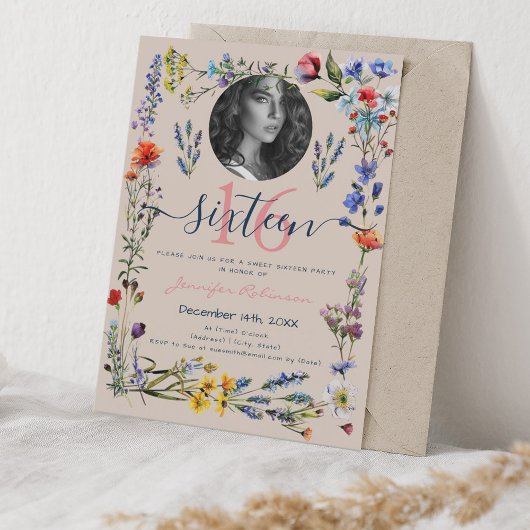 Invitation PHOTO Boho Pressé Fleur sauvage Sweet 16 Champagne