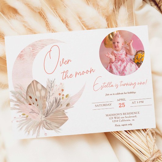 Invitation Photo boho rustique pampas lune florale 1er annive