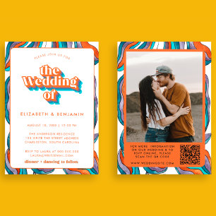 Invitation Photo Boho Super Retro bleu QR Code Wavy Mariage
