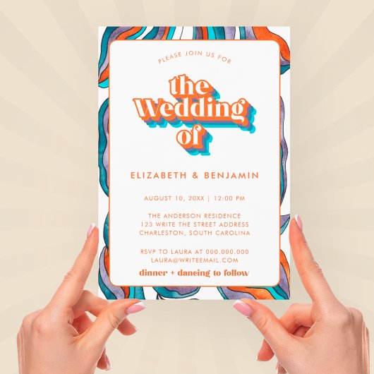 Invitation Photo Boho Super Retro bleu QR Code Wavy Mariage