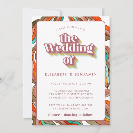 Invitation Photo Boho Super rétro QR Code Pink Wavy Mariage (Devant)