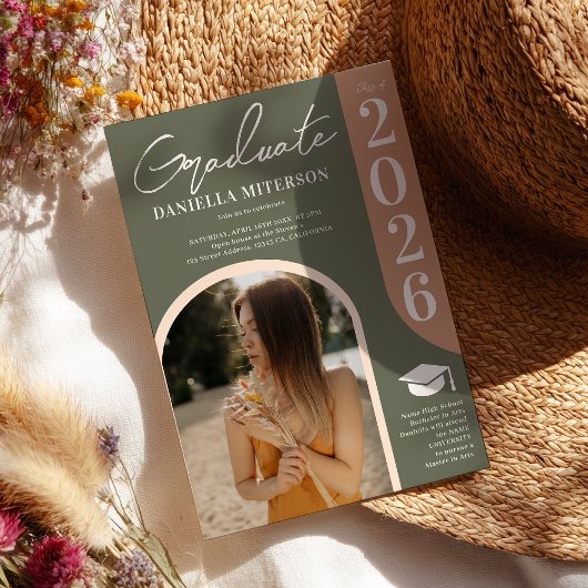 Invitation Photo bold 2023 Arch vert rose graduation