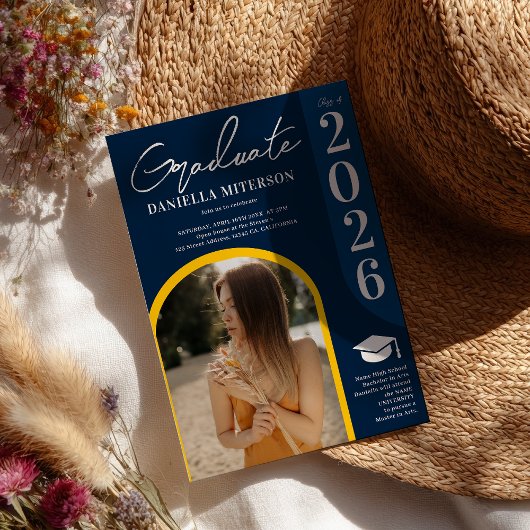 Invitation Photo bold 2024 arche bleu foncé graduation