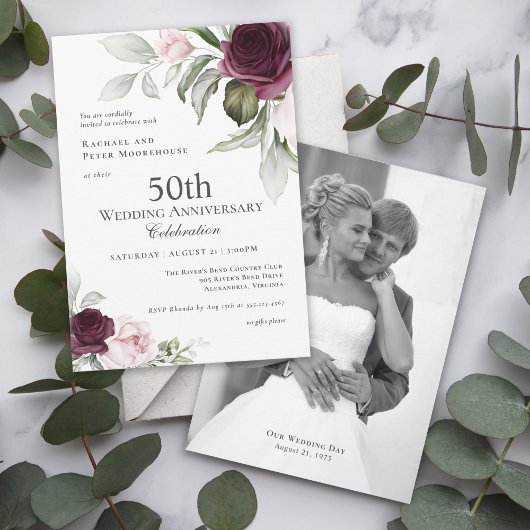 Invitation Photo botanique rose et prune 50e anniversaire