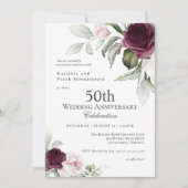 Invitation Photo botanique rose et prune 50e anniversaire (Devant)