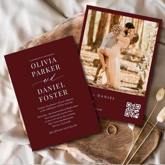 Invitation Photo Bourgogne moderne Mariage de code QR