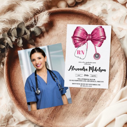 Invitation Photo Bow Stethoscope Nurse School Graduate