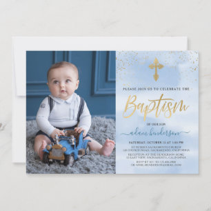 Invitation Photo Boy Baptême Moderne Bleu Et Or