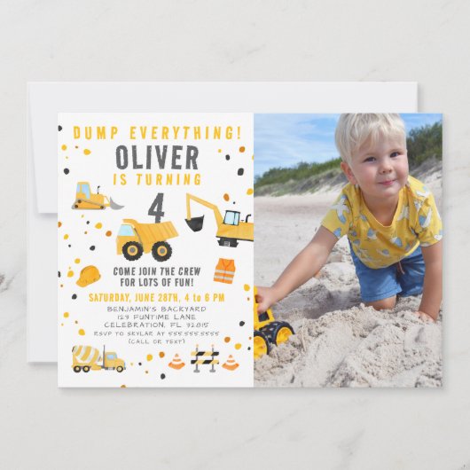 Invitation Photo Boy Dump Everything Construction Party (Devant)