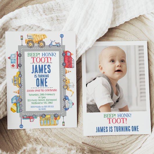 Invitation Photo Boys Road Transport 1er anniversaire