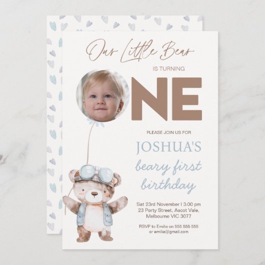 Invitation Photo Brown Beary First Birthday Bear Birthday (Devant / Derrière)
