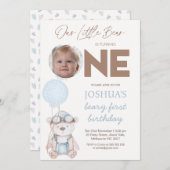 Invitation Photo Brown Blue Balloons Beary First Birthday (Devant / Derrière)