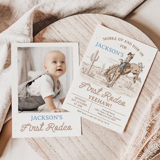 Invitation Photo Brown vintage Cowboy Rodeo 1er anniversaire