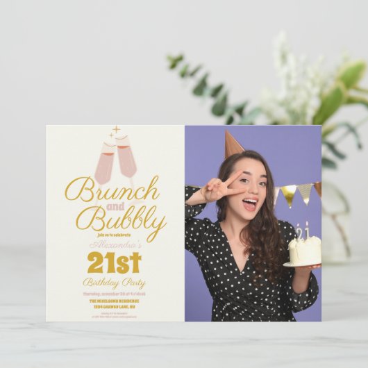 Invitation Photo Brunch et Bubbly Pink 21e anniversaire (Debout devant)
