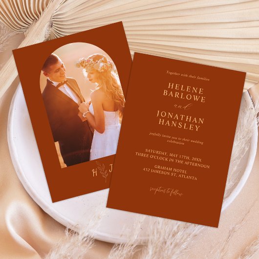 Invitation Photo Burange Orange Terracotta Monogram Mariage