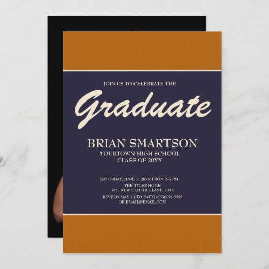 Invitation Photo Burnt Orange Navy Blue Graduation Party (Devant / Derrière)