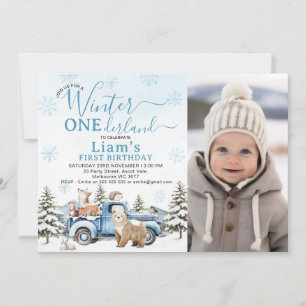 Invitation Photo Camion Bleu Hiver Onederland 1er Anniversair