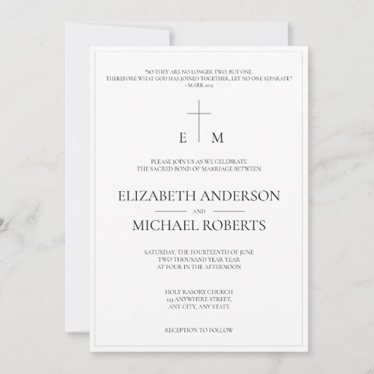 Invitation Photo catholique moderne B&W Cross Mariage (Devant)